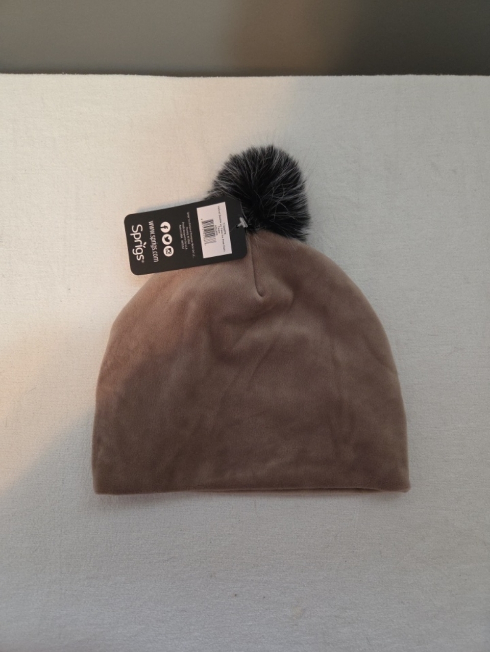 Sprigs Taupe Velour Pom Pom Beanie NWT